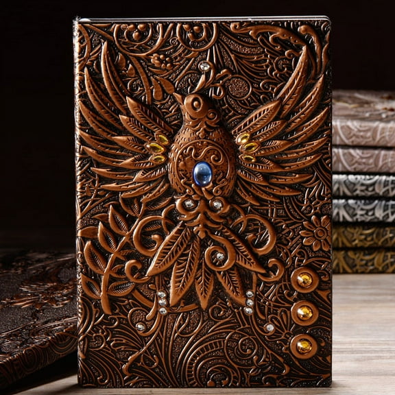 Faty-T Vintage 3D Phoenix Embossed Leather Writing Journal,A5,200Pages Antique Handmade Daily Notepad Sketchbook,Travel Diary&Notebook for Women Men