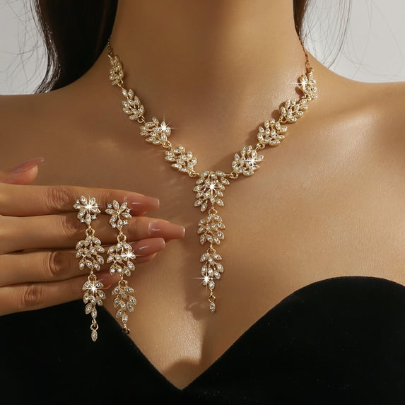 Faty-T Wedding Jewelry Set Art Deco Hollowed-Out Marquise Crystal Leaf Cluster Necklace Dangle Earrings Sets
