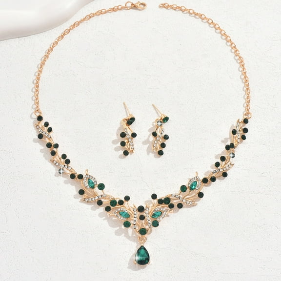 Faty-T Wedding Jewelry for Bride Women Bridesmaid, Sparkly Cubic Zirconia Pear-Shaped Birthstone Leaf Necklace Earrings Set for Prom