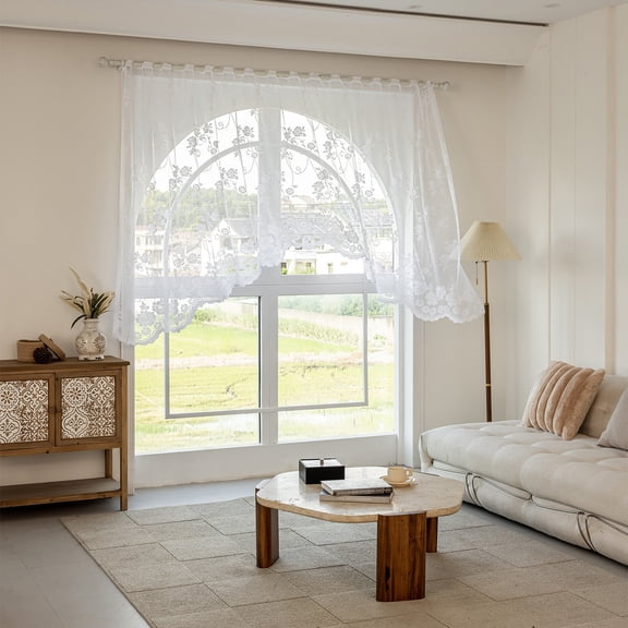 Faty-T White Lace Arched Sheer Curtain Floral Embroidered Swag Curtain Valance Tier for Doorway Kitchen Bathroom Window, Rod Pocket