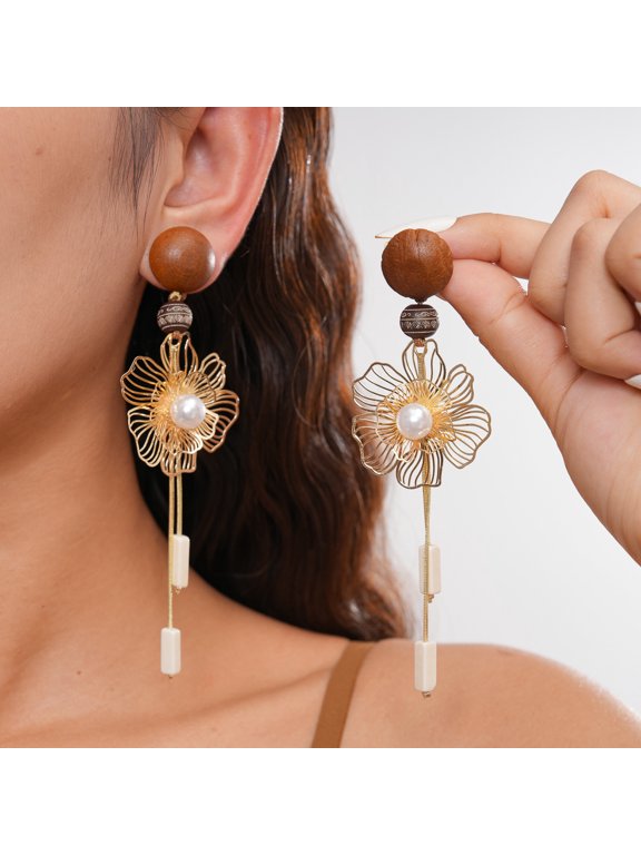 WireWrapped HollowFlower Long Tassel Drop Earrings,14k Gold Plated,WoodBead Top With Hollow Floral & Imitation Pearl,Boho EthnicStyle Statement Ear Ornaments for Vacation Party Gift