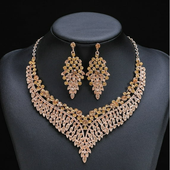 Faty-T Women Jewelry Set Rhinestone Crystal Statement Necklace Bride Rib Choker Necklace Floral Beaded Collar Neklcace Cluster Dangle Earrings Set for Wedding Party