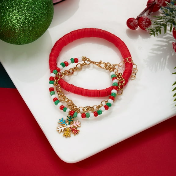 Faty-T Women's Handmade Christmas Bracelet Set - Multi-Style Stackable Clay Bead Bracelets with Snowflake, Bell, Candy Cane & Santa Charms
