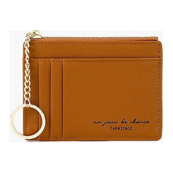 Faty-T Womens Slim RFID Credit Card Holder, Small Pocket Wallet Keychian Zipper Coin Purse Mini Cash & Coin & Cards Case (Brown)