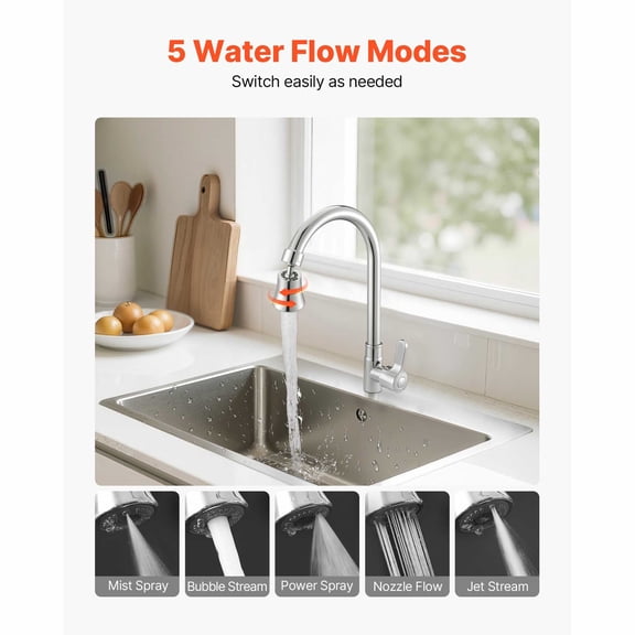 360 Swivel Kitchen Faucet Aerator with 5 Water Flow Modes, Rotating Sink Sprayer Attachment, Fits 15/16 inch Female Thread and 55/64 inch Male Thread with Adapter, Durable Brass and ABS