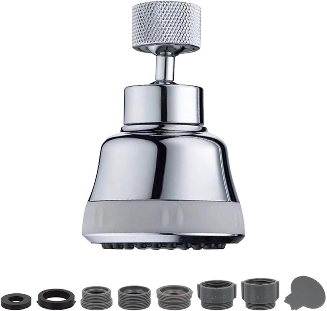 Faucet Aerator Sprayer Attachment, Kitchen Head Replacement with 4 Spray Modes, 360° Swivel Extender Anti-Splash Sink Nozzle (Diamond, Silver)