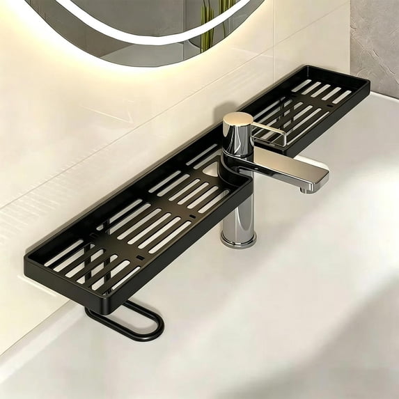 Faucet Caddy Over Sink Organizer, Kitchen Sink Storage Rack with Fast-Vent Style for Sponges, Soap, Brushes & Scrubbers, No-Drill Wall-Mount Free Black