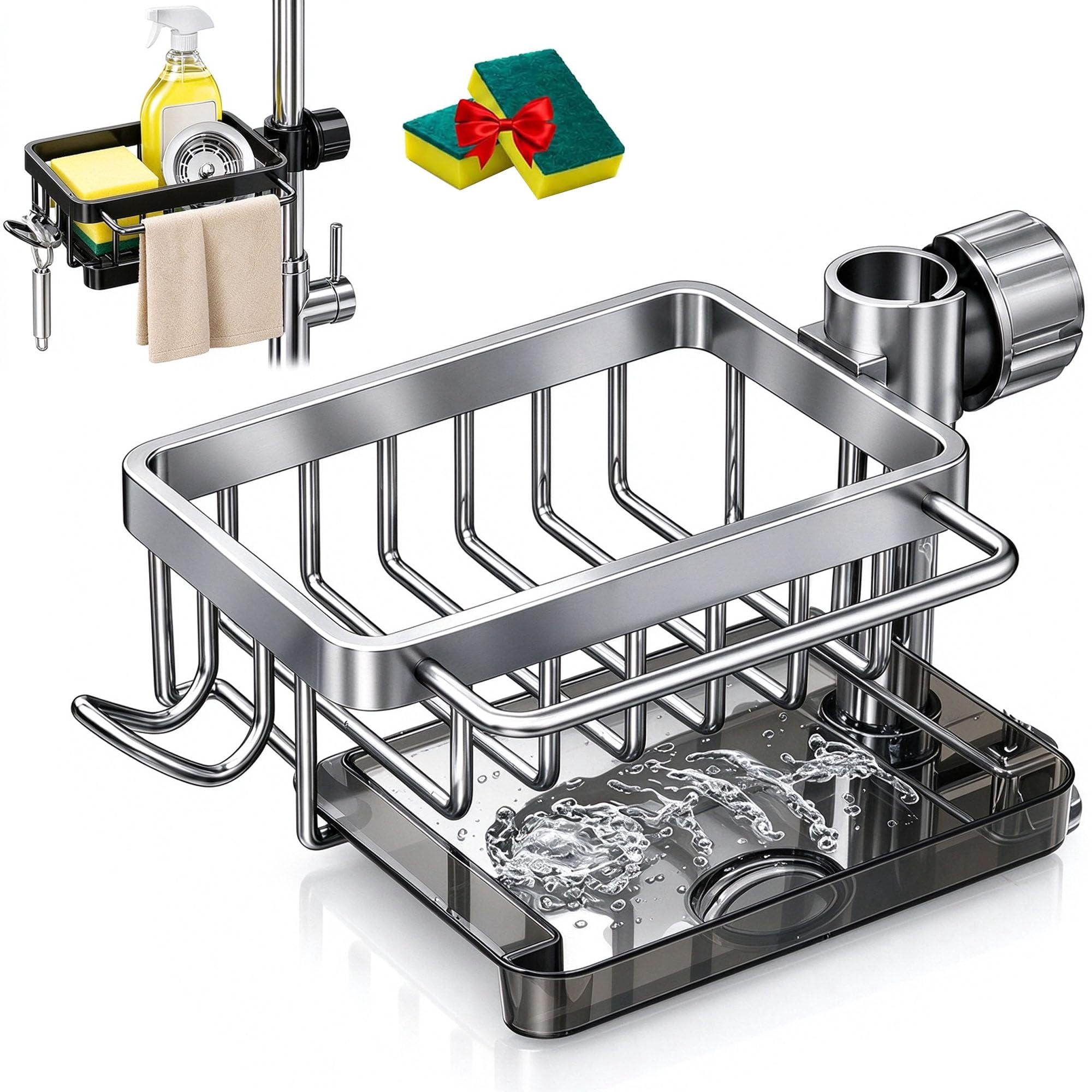 Faucet Drainer Basket with Drip Tray, 360° Swivel Kitchen Sink Faucet ...
