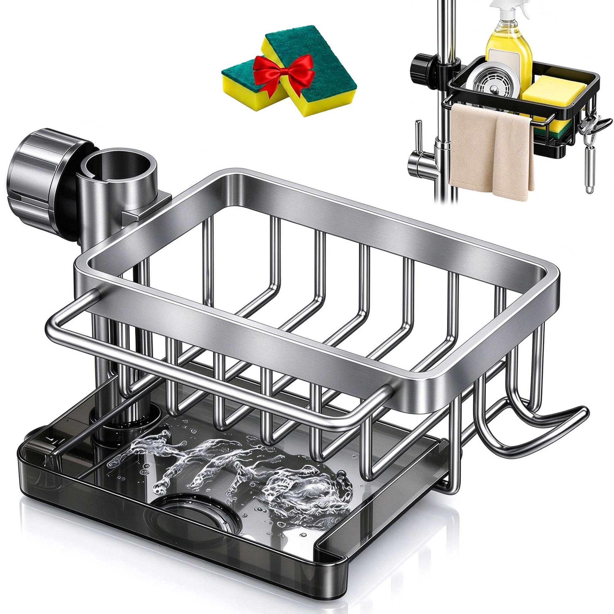Faucet Drainer Basket with Drip Tray, 360° Swivel Kitchen Sink Faucet ...
