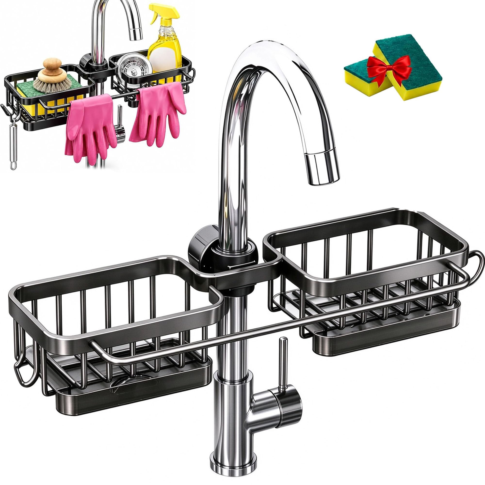 Faucet Drainer Basket with Drip Tray, 360° Swivel Kitchen Sink Faucet ...