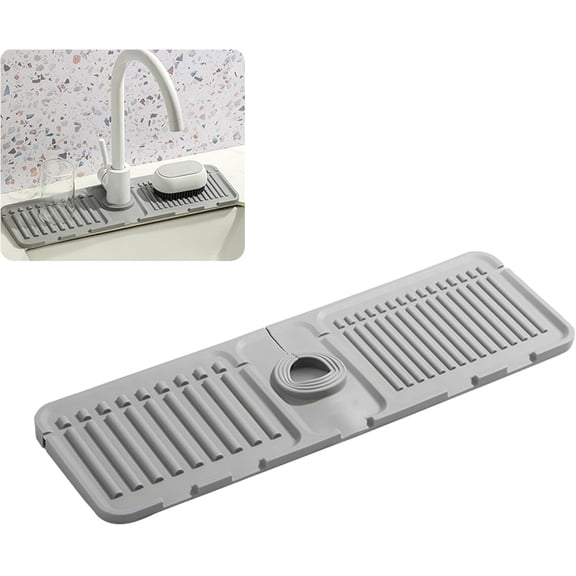 Faucet Mat for Kitchen Sink - 2024 Upgraded Premium Silicone Splash Guard with Fast Drying Properties - Protective Sink Tray Ideal for Stone Sinks in Kitchen & Bathroom (1, Gray)