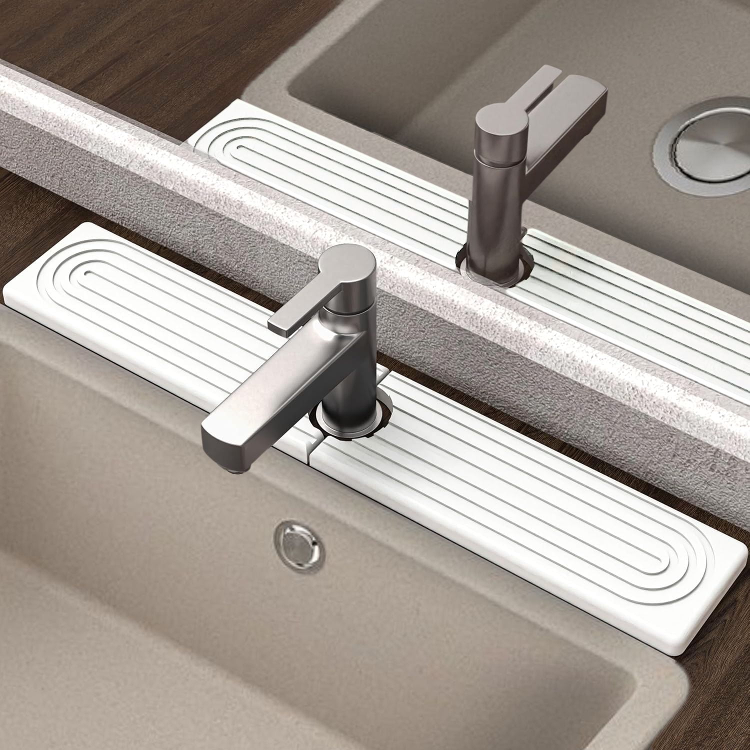 Easymora Rectangle Diatomite Faucet Mat for Kitchen Sink, 23.6"x3.9" Fast-Drying Stone Tray, Super Absorbent Splash Guard - White