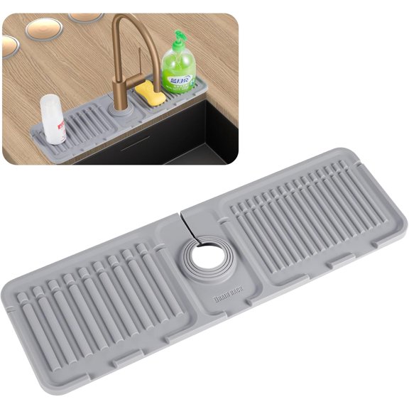 Faucet Mat for Kitchen Sink, Premium Silicone Splash Guard with Fast Drying Properties, Protective Sink Tray with Cutable Circular Central for Stone Sinks in Kitchen & BathroomGrey