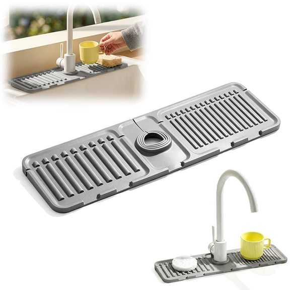 Faucet Mat for Kitchen Sink, Silicone Sloped Faucet Splash Guard Mat, Drip Catcher with Inclined Drain Design, Multifunctional Kitchen Sink Organizer Mat