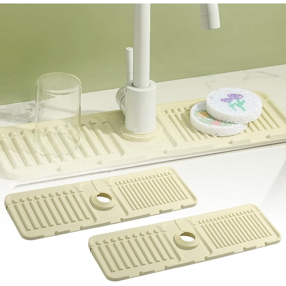 Faucet Mat for Kitchen Sink, Upgraded Silicone Kitchen Sink Splash Guard Draining Mat Fast Drying Stone Sink Tray, Sink Faucet Mat Splash Guard for Kitchen Bathroom Sink 17.5 x 5.5inch (Beige, 1PC)