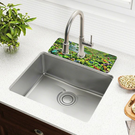 Faucet Mat for Kitchen Sink 15'' Sink Splash Guard Mat Super Absorbent Fast Drying Drain Pad Colorful Frogs and Butterflies