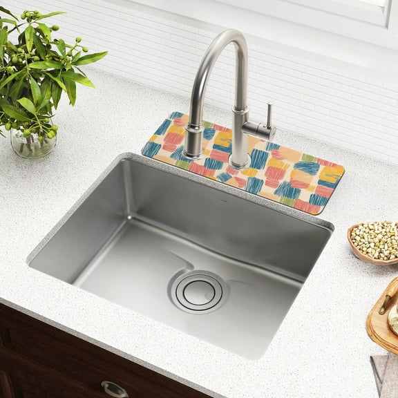 Faucet Mat for Kitchen Sink 15'' Sink Splash Guard Mat Super Absorbent Fast Drying Drain Pad Colorful Line Doodle Squares