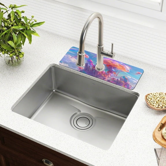 Faucet Mat for Kitchen Sink 15'' Sink Splash Guard Mat Super Absorbent Fast Drying Drain Pad Jellyfish Flying and Rainbow