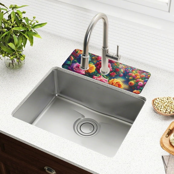 Faucet Mat for Kitchen Sink 15'' Sink Splash Guard Mat Super Absorbent Fast Drying Drain Pad Rainbow Rose and Butterflies