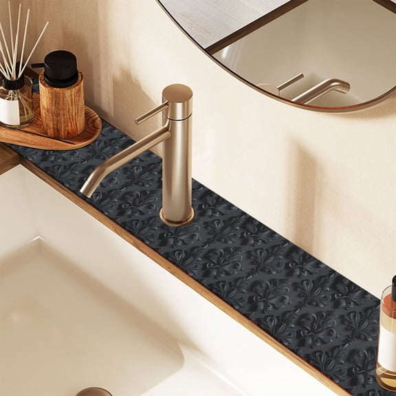 Faucet Mat for Kitchen Sink 30'' Sink Splash Guard Mat Super Absorbent Fast Drying Drain Pad 3d Dark Black Damask