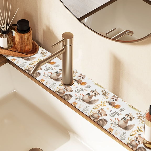 Faucet Mat for Kitchen Sink 30'' Sink Splash Guard Mat Super Absorbent Fast Drying Drain Pad Cartoon Raccoon Fox 2 Pack