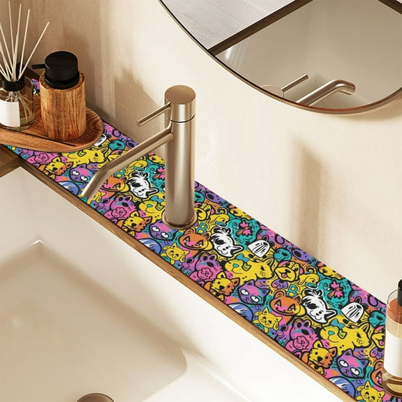 Faucet Mat for Kitchen Sink 30'' Sink Splash Guard Mat Super Absorbent Fast Drying Drain Pad Cat and Dog Graffiti 2 Pack