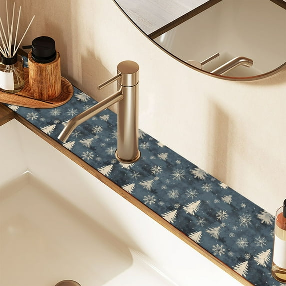Faucet Mat for Kitchen Sink 30'' Sink Splash Guard Mat Super Absorbent Fast Drying Drain Pad Pine Tree and Snow