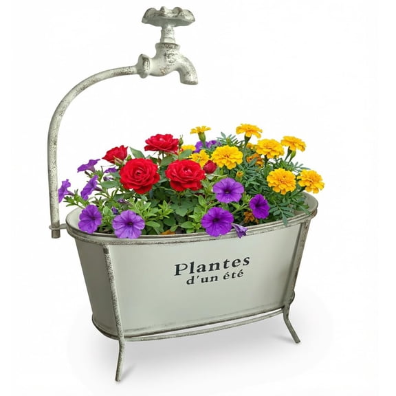 Faucet Metal Tub Flower Pots,Vintage Flower Planter with Clawfoot,Vase Oval Farmhouse Cactus Pot Nursery Tub for Indoor/Outdoor Garden Decorative (A)