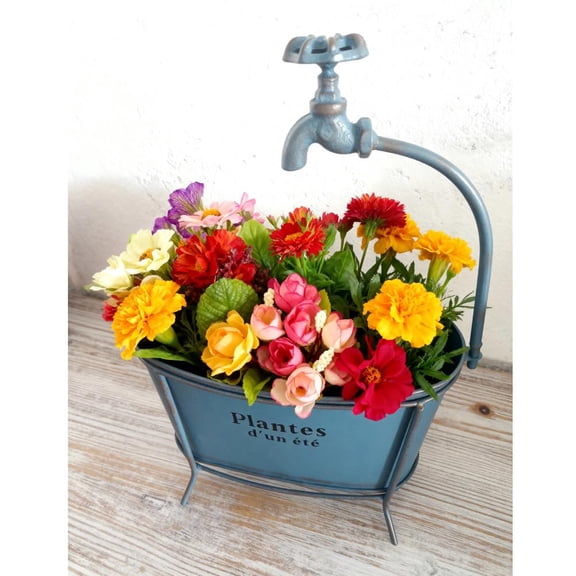 Faucet Metal Tub Flower Pots,Vintage Flower Planter with Clawfoot,Vase Oval Farmhouse Cactus Pot Nursery Tub for Indoor/Outdoor Garden Decorative (A)