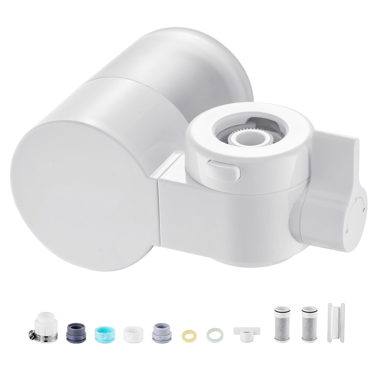 Faucet Mount Water Filter, Horizontal Water Purifier for Sink Tap, Carbon Fiber Filter, Removes Chlorine Lead with 3 Filters, Fits Most Kitchen or Bathroom Faucets, White