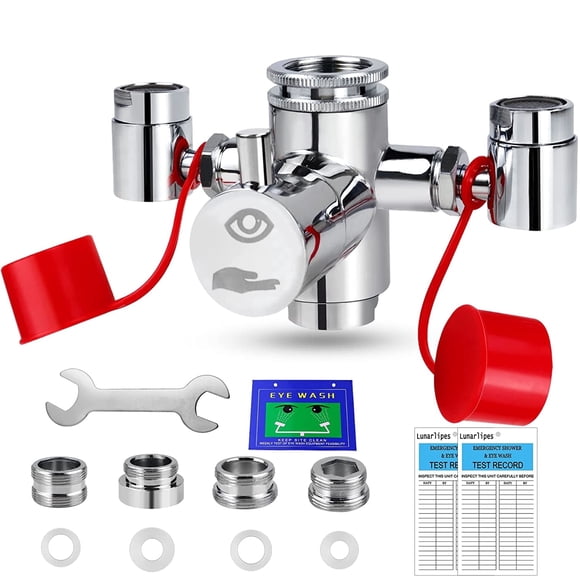 Faucet Mounted Eyewash Station Kit, Emergency Eye Wash Unit, OSHA Approved First Aid Eye Flush Kit, 1x Eyewash Station, 4X Adapters, 2X Inspection Tags, 1x Emergency Eye Wash Station Sign