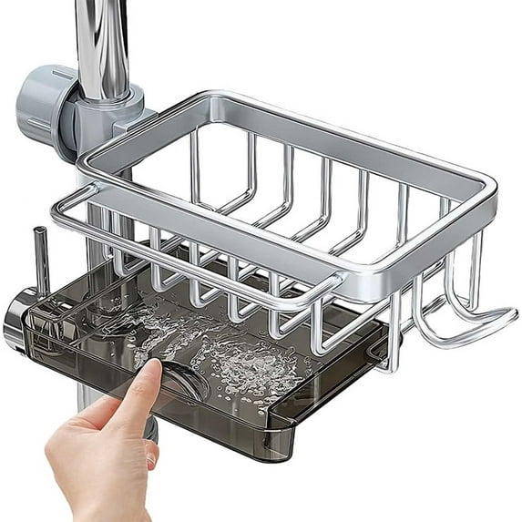 Faucet Storage Rack, No Punching Installation, Sink Organizer for Sponges & Brushes, Quick-Drying Design, Space-Saving Aluminum Rack