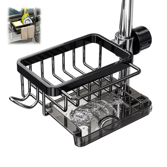 Faucet Sink Organizer Rack with Drip Tray, Stainless Steel Sink Caddy for Kitchen & Bathroom, Detachable Drain Rack for Soap, Scrubbers and Brushes