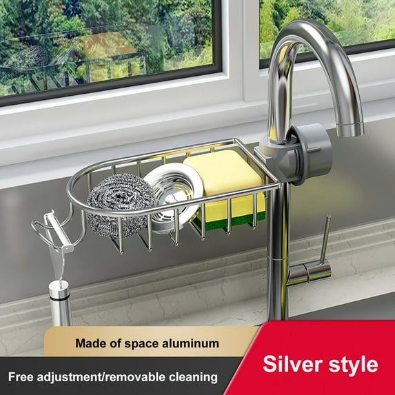 Faucet Sponge Holder, Aluminum Sink Storage Rack with Adjustable Ring for Most Faucets, Non-slip & Rust-proof Design for Quick Drying and Hygiene, Ideal for Kitchen and Bathroom Organization