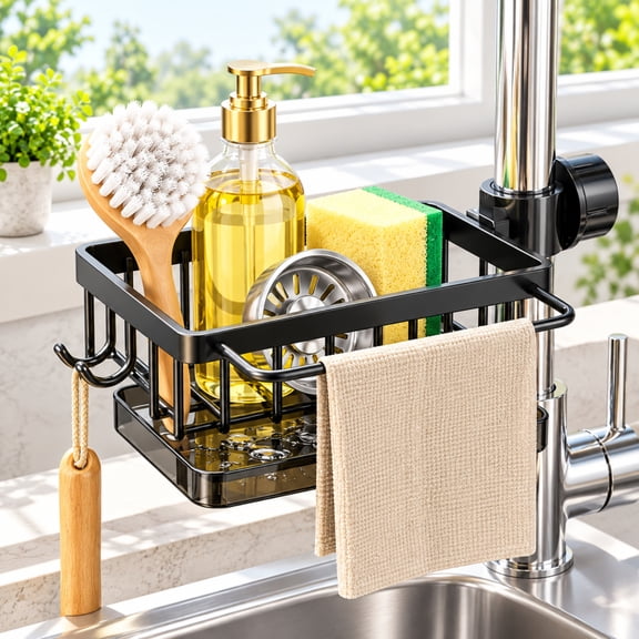 Faucet Sponge Holder Kitchen Sink Caddy Organizer Over Faucet Storage Rack Aluminum Drain Shelf Soap Scrubber Brush Holder for 0.7-1.1inch Round Water Pipe