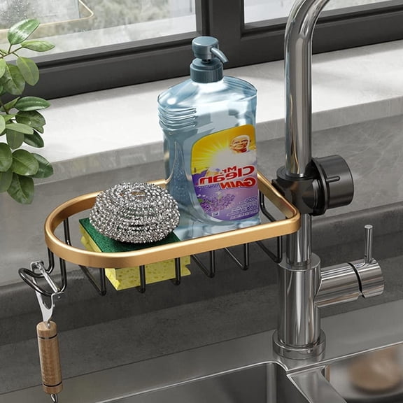 Faucet Sponge Holder Kitchen Sink Caddy Organizer Over Faucet Hanging Drain Rack (Normal, Golden)