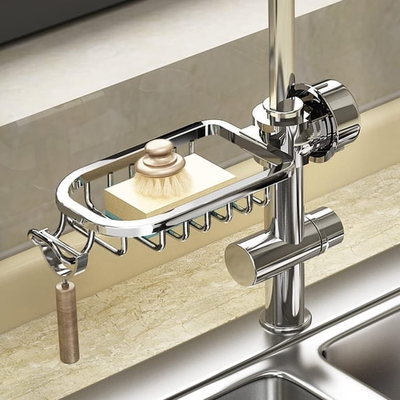 Faucet Sponge Holder Kitchen Sink Caddy Organizer Over Faucet Hanging Drain Rack (Normal, Silver)