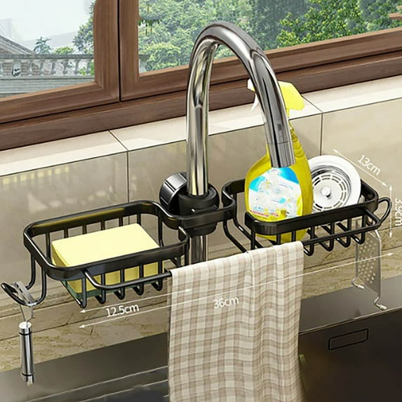 Faucet Storage Rack, Aluminum Alloy Sink Organizer for Sponges Brushes and Soap, Rust-proof Kitchen and Bathroom Utility Caddy with Easy Tool-free Installation