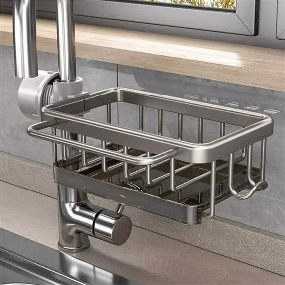 Faucet Storage Rack, Sink Organizer, No Punching Hollowed Out Kitchen Sink Storage Rack with Quick Drying Drip Tray, Space Aluminum Multifunction Hanging Hook, Easy Installation