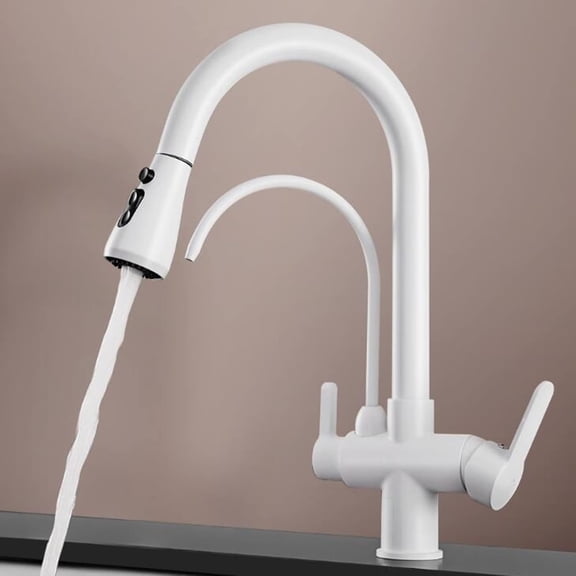 Faucets,3 Way Kitchen Tap, Kitchen Mixer Taps with Pull Out Spray White Brass Multifunction Kitchen Tap