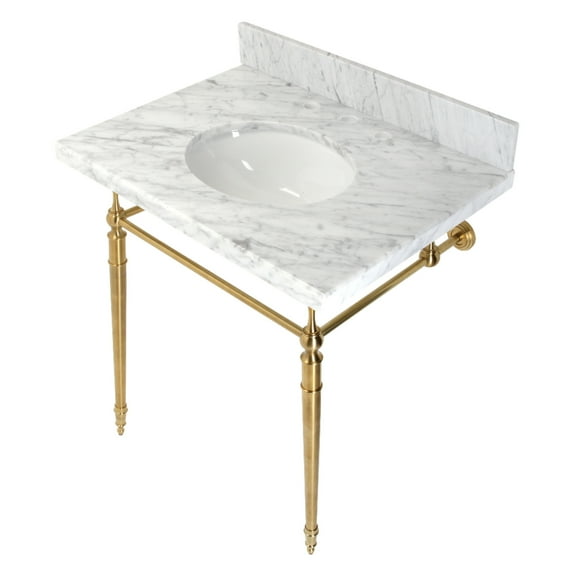 Kingston Brass KVPB3022M87 Edwardian 30" Carrara Marble Console Sink with Brass Legs (8-Inch, 3-Hole), Carrara Marble White/Brushed Brass