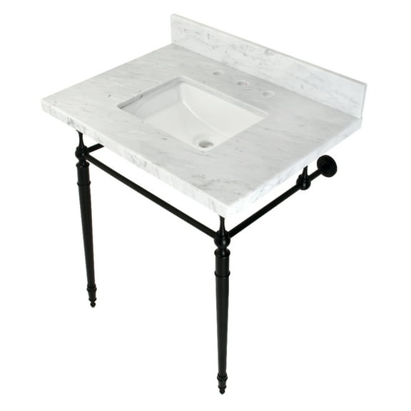 Kingston Brass KVPB3022M8SQ0 Edwardian 30" Carrara Marble Console Sink with Brass Legs (8-Inch, 3-Hole), Carrara Marble White/Matte Black
