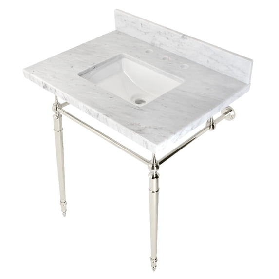 Kingston Brass KVPB3022M8SQ6 Edwardian 30" Carrara Marble Console Sink with Brass Legs (8-Inch, 3-Hole), Carrara Marble White/Polished Nickel