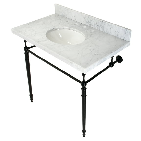 Kingston Brass KVPB3622M80 Edwardian 36" Carrara Marble Console Sink with Brass Legs (8-Inch, 3-Hole), Carrara Marble White/Matte Black
