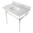 thumbnail image 1 of Kingston Brass KVPB3622M86 Edwardian 36" Carrara Marble Console Sink with Brass Legs (8-Inch, 3-Hole), Carrara Marble White/Polished Nickel, 1 of 5