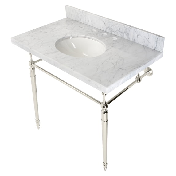 Kingston Brass KVPB3622M86 Edwardian 36" Carrara Marble Console Sink with Brass Legs (8-Inch, 3-Hole), Carrara Marble White/Polished Nickel