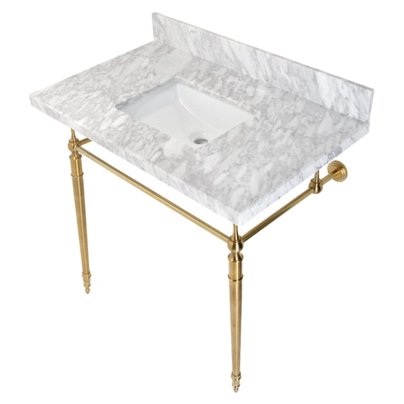Kingston Brass KVPB3622M8SQ7 Edwardian 36" Carrara Marble Console Sink with Brass Legs (8-Inch, 3-Hole), Carrara Marble White/Brushed Brass