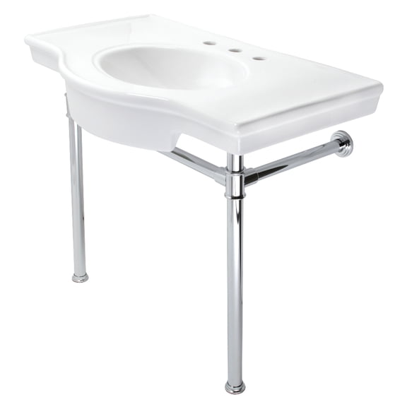 Kingston Brass VPB1371ST Templeton 37" Ceramic Console Sink with Stainless Steel Legs (8-Inch, 3-Hole), White/Polished Chrome