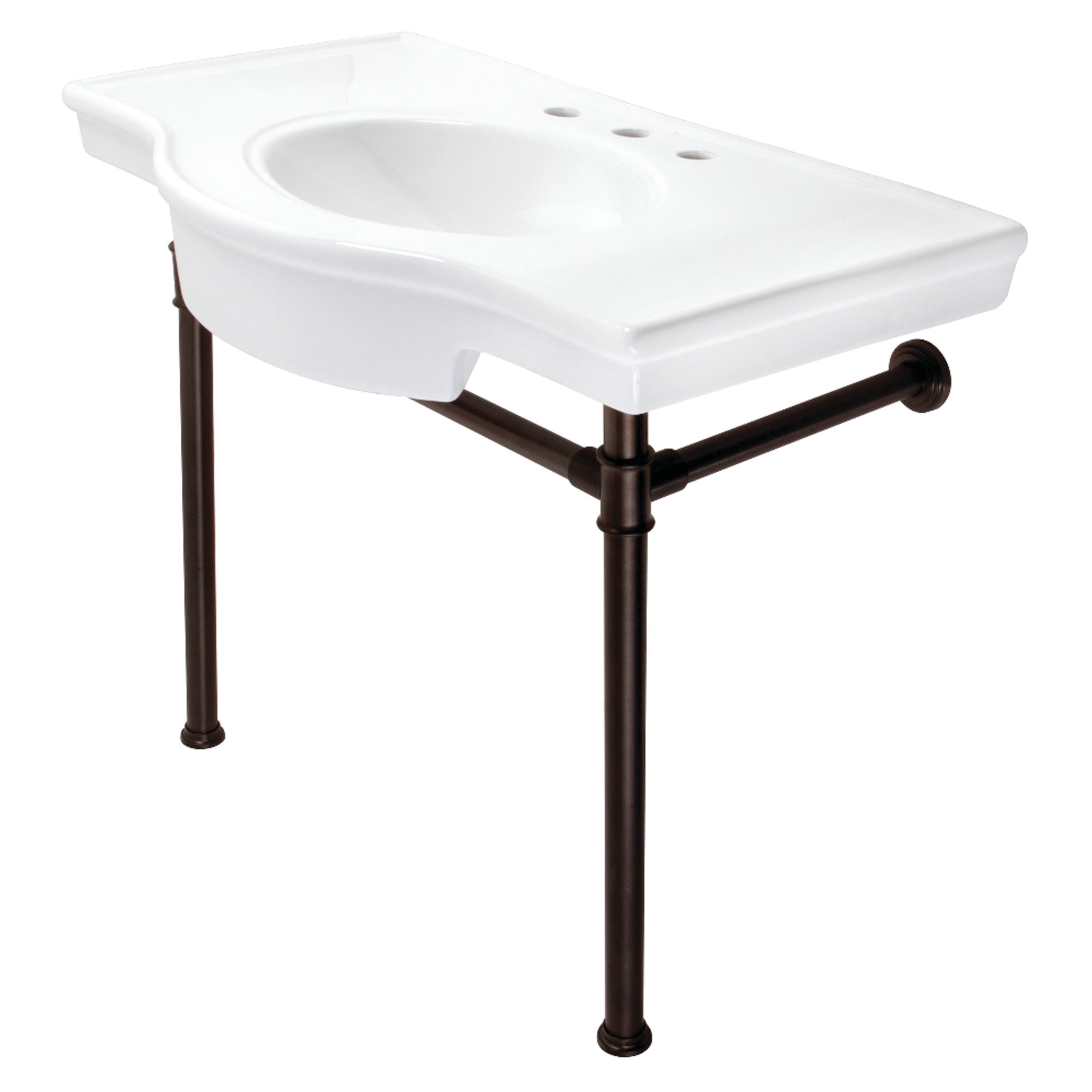Kingston Brass VPB1375ST Templeton 37" Ceramic Console Sink with Stainless Steel Legs (8-Inch, 3-Hole), White/Oil Rubbed Bronze