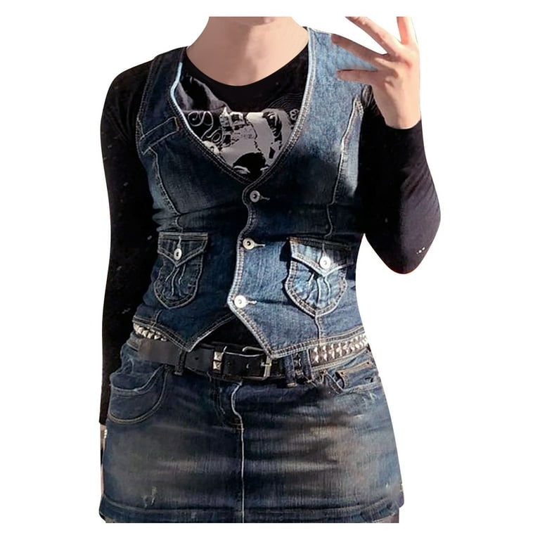 Fauean Denim Vest Women s Fashion Vintage V Neck Button Down Slim Jacket with Pockets Blue Size M Walmart